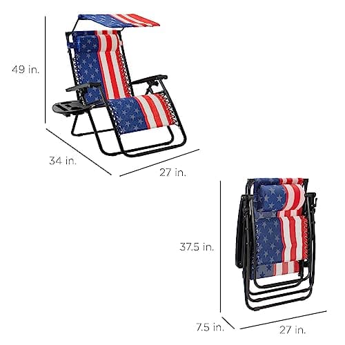 Best Choice Products Folding Zero Gravity Outdoor Recliner Patio Lounge Chair w/Adjustable Canopy Shade, Headrest, Side Accessory Tray, Textilene Mesh - American Flag view 3