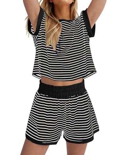 Burtell Women Summer 2 Piece Lounge Sets Striped Short Sleeve Tee Shirts Mini Shorts Loungewear Shorts Set Ribbed Pajama Set — image 1
