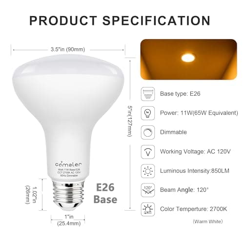 BR30 LED Flood Light Bulbs E26 Base 65W Equivalent 2700K Warm White，Recessed Can Light Bulbs Indoor, 850LM, Dimmable, CRI85, 120V, Ceiling Light Bulbs for Kitchen, Living Room 6 Pack view 2