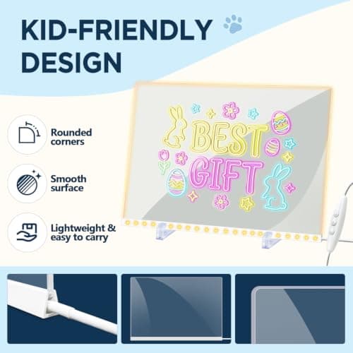 RGB LED Drawing Board for Kids, Reusable Acrylic Light Up Message Board with 5 Brightness Levels, 10 Color Modes, USB Powered Doodle Pad for Notes, Learning, Night Light, Gifts for Boys Girls view 5