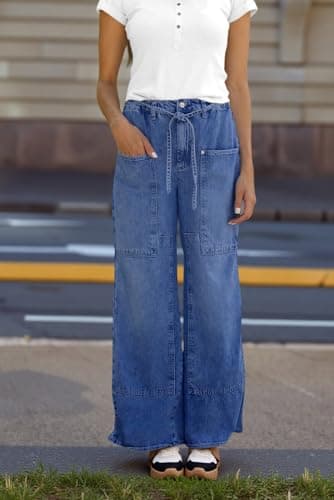 Cicy Bell Womens Wide Leg Jeans Vintage Mid Rise Baggy Boyfriend Belted Denim Pants with Pockets view 2