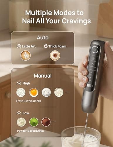 DREO Milk Frother Handheld, Coffee Drink Hand Mixer Wand, BaristaMaker Nano | 4 Modes for Latte Art Microfoam, 2550mAh Rechargeable Battery, One-Touch Frothing, 150+ Drinks, IPX6 Waterproof, Easy Clean view 2