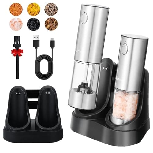 Electric Salt and Pepper Grinder Set with Charging Base - One Handed Automatic Spice Mill, Adjustable Coarseness Pepper Grinder, LED Light, Stainless Steel for Modern Kitchen & BBQ view 1