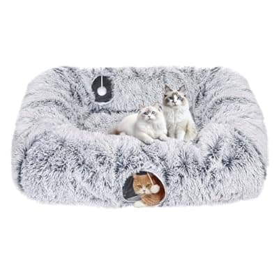 Extra Large Cat Tunnel Bed, 4 Ways Tunnels for Indoor Cats, Multi-cat Family Cat Bed & Cave, Plush Cat Donut with Washable Middle Mat, Exit Balls, Pet Play Toy for Kitten Puppy Rabbit