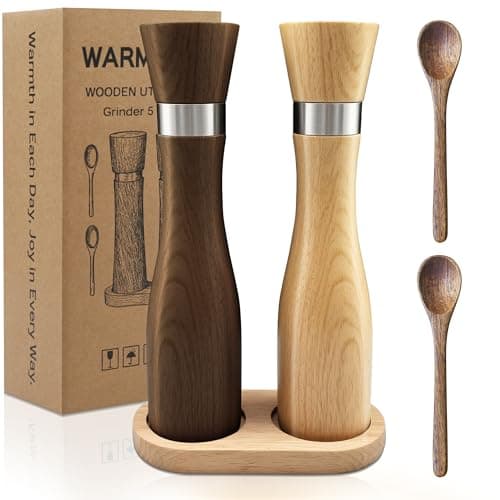 Wooden Salt and Pepper Grinder Set:Premium Beech Wood Manual Mills,9" 5PC with Tray & Spoons,Adjustable Ceramic Core,Refillable,Non-Slip Base-Kitchen Counter Decor — image 1
