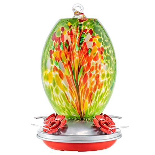 Muse Garden Glass Humming Bird Feeders for Outdoors - 27OZ Blown Glass Hummingbird Feeder - Unique Gift Mom Women Grandparents, Outdoors Hanging Garden Decor, Ant Moat & Brush, Green Floral — image 1
