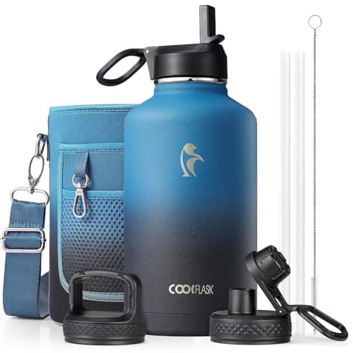 Half Gallon Water Bottle Insulated with Straw & 3 Lids, Coolflask 64 oz Water Jug Large Metal Stainless Steel Wide Mouth for Sports, Gym or Office, Non-BPA Keep Cold 48H Hot 24H, Samurai Cyan view 1