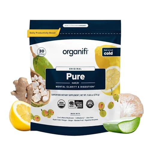 Organifi Pure - Promotes Stimulation in Learning, Memory, Focus, and Clarity - Brain Support with Superfoods - Gluten-Free and Non GMO - Best Served Cold, 30 Servings