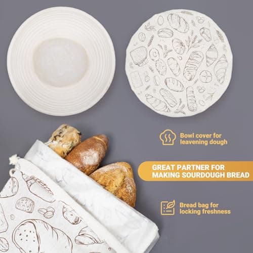 Verigud 2 Pack Large Reusable Linen Bread Bags and 10'' Bowl Covers with Plastic Liners for Bread Storage & Sourdough Proofing view 5