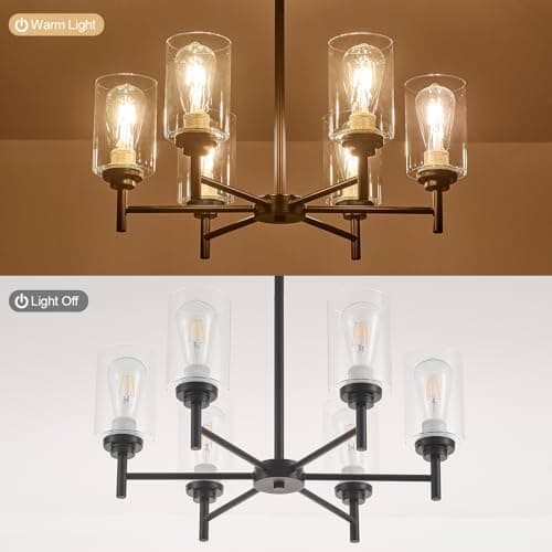 SGRUXELL Black Chandeliers for Dining Room,6 Lights Modern Farmhouse Chandelier with Clear Glass Shade,Industrial Hanging Light Fixture for Kitchen Island Bathroom Living Room Bedroom Foyer Entryway view 5