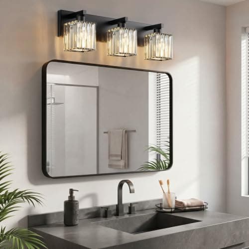 Hompixlit Bathroom Light Fixtures Matte Black 3-Light Crystal Vanity Lights | Modern Bathroom Vanity Light, Crystal Square Shades for Over Sink or Mirror, Bulbs Not Included view 3