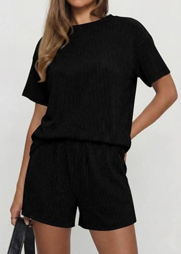 KIRUNDO Two Piece Sets for Women Dressy Casual Ribbed Knit Short Sleeve Top Matching Shorts Lounge Set 2026 Summer Outfits view 5