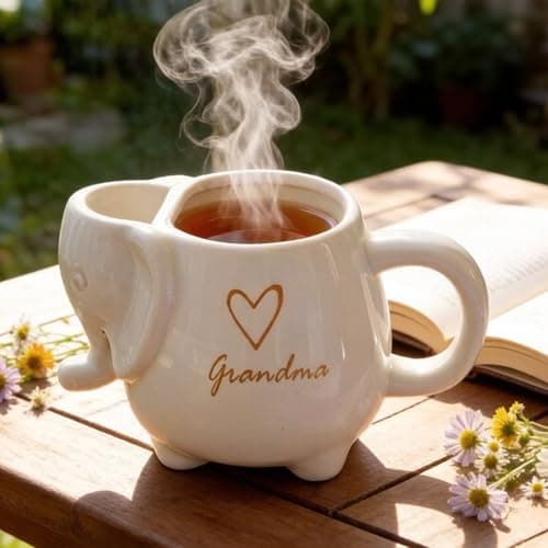 Web Launcher String Shooters Elephant Tea Mug with Sister Text, 15 Ounce Ceramic Coffee Cup with Heart Design and Tea Bag Holder, White Stoneware Mug for Daily Use (Grandma, White) view 3