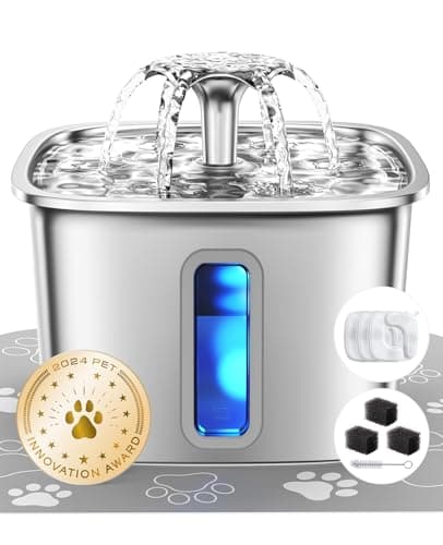 Veken Innovation Award Winner Stainless Steel Cat Water Fountain, 108oz/3.2L Automatic Pet Fountain Dog Water Dispenser with 3 Replacement Filters & Silicone Mat, Gifts for Cats, Dogs (Silver) view 1