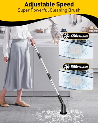 Electric Spin Scrubber for Cleaning Bathroom, Shower Scrubber with Long Handle, Cordless Cleaning Brush with IPX7 Waterproof & 2 Speed, 3 Brush Heads, Black view 3