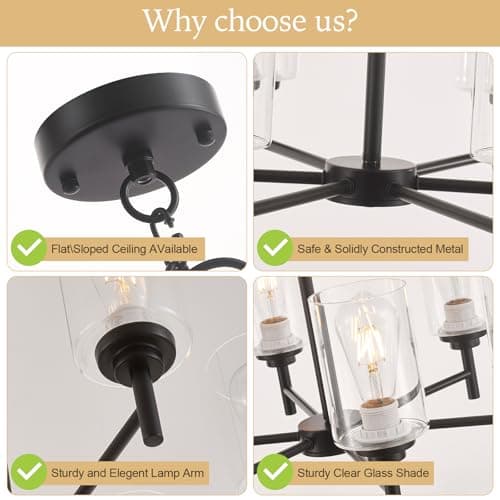 SGRUXELL Black Chandeliers for Dining Room,6 Lights Modern Farmhouse Chandelier with Clear Glass Shade,Industrial Hanging Light Fixture for Kitchen Island Bathroom Living Room Bedroom Foyer Entryway view 3