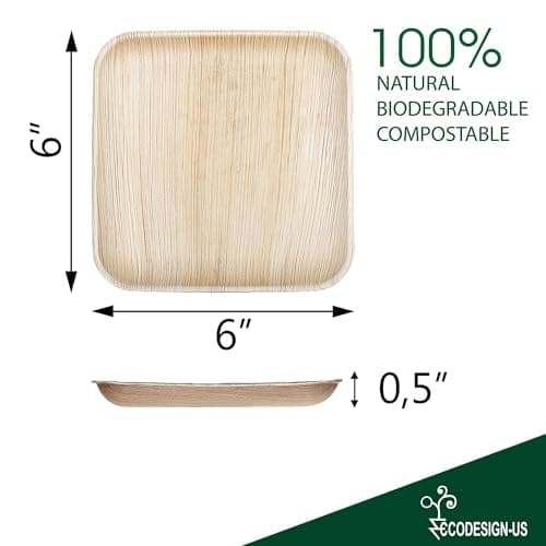 ECODESIGN-US Palm Leaf Plates 100 Count - 6" Square Disposable Heavy Duty Dinnerware - Appetizer and Dessert Plates for Weddings, Catering, Parties view 3