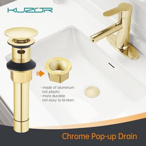 KUZOR Brushed Gold Pop Up Bathroom Sink Drain with Overflow, 1 Pack | Bathroom sink stopper fits 1-5/8 to 2 in drain holes; 304 stainless steel for vanity and vessel sink drain view 4