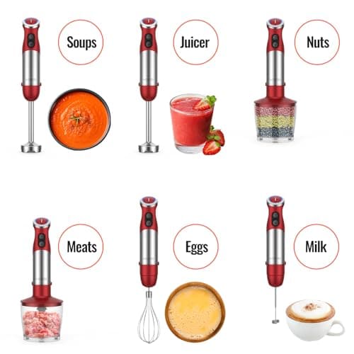 KOIOS 5-in-1 Hand Immersion Blender, 1000W 12 Speed Handheld Blender Stick with Copper Motor Stainless Steel Blade, 600ml Mixing Beaker,500ml Food Processor, Whisk, Milk Frother, Non-BPA, Red view 3