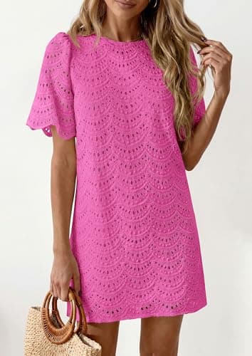 PRETTYGARDEN Women's 2026 Summer Casual Short Dresses Embroidered Lace Short Sleeve Boho Mini Dress Beach Vacation Clothes view 3