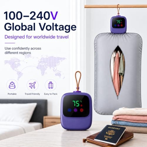 Portable Clothes Dryer: Travel Dryer 100-240V Travel Dryer, 36dB Quiet | 100–240V global voltage, 1.38 lb compact body, 4 drying modules; dries 6–10 garments for travel and small spaces. view 3
