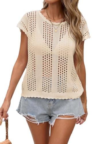BreathSunny Womens Crochet Knit Swimsuit Coverup Beach Vest Summer 2026 Crew Neck Hollow Out Bathing Suit Cover Up Tank Top — image 1