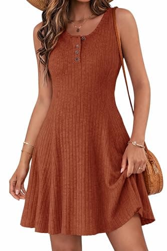Lazysmile Summer Sleeveless Dresses for Women Crewneck Button Down Ribbed Knit A Line Casual Short Dress — image 1