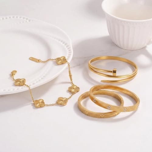 Womens Stackable Floral Gold Bracelets - 4Pcs 18K Gold Plated Bracelet,Stainless Steel Bangle Bracelets Non Tarnish,Gold Bracelet Set Fashion Jewelry,Valentines Birthday Christmas Jewelry Gifts view 7