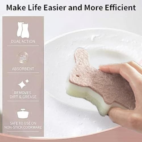 4 Pcs Rabbit Shape Kitchen Cleaning Sponge Multi Functional Cute Scrub Sponge Non Scratch Dish Sponge for Washing Dishes Kitchen Bathroom(Rabbit) view 6