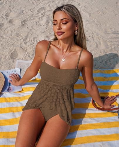 ZAFUL Tankini Swimsuits for Women Flowy Swimwear Mesh Lace Jacquard Two Piece Bathing Suit High Cut Tanga Tankini Set view 2