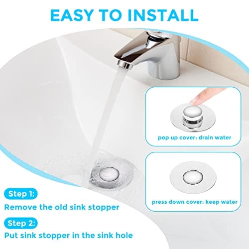 GOOSUO Universal Bathroom Sink Plug, Silver, Suitable for 1.25"-1.65" Sinks, Stainless Steel & Brass, Push Type, Anti-Clog Basket, Easy Install view 2