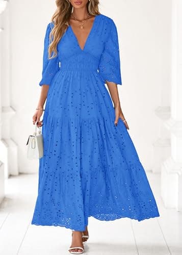 Lazysmile Long Sleeve Dresses for Women V Neck Hollow Out Eyelet Ruffle Swing A-Line Fall Vacation Boho Maxi Dress view 4