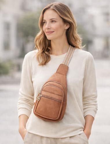 Botimmy Women Crossbody Sling Bag with Anti-Theft Pocket, Small Vegan Leather Travel Backpack, Adjustable Strap Chest & Waist Bag for Everyday, Travel & Shopping Brown view 2