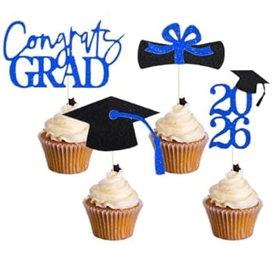 Oeyliz Graduation Cupcake Toppers 2026 Graduation Theme Cupcake Toppers Glitter 2026 Grad Cap Congrats Grad Diploma Cupcakes Toppers 24 PCS For 2026 Graduation Cake Decorations Supplies Blue