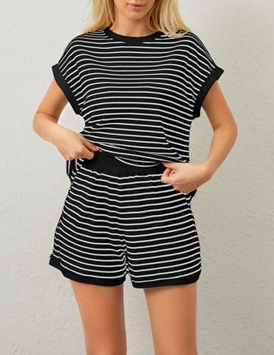 Burtell Women Summer 2 Piece Lounge Sets Striped Short Sleeve Tee Shirts Mini Shorts Loungewear Shorts Set Ribbed Pajama Set view 2