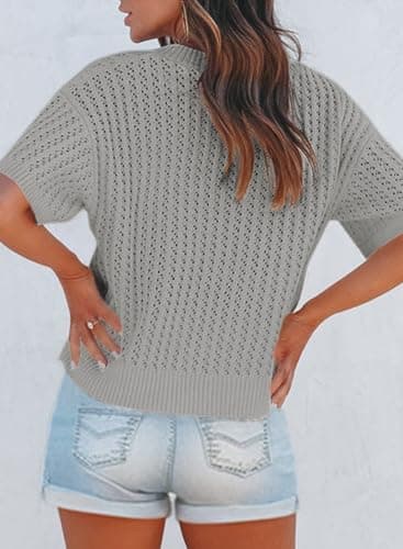 Dokotoo Womens Casual Summer Tops V Neck Short Sleeve Shirts Solid Hollow Out Lightweight Loose Fit Sweater Blouses view 4