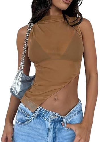 Matunana Womens Sheer Mesh Tank Tops Going Out Mock Neck Sleeveless Asymmetrical See Through Lace Shirt Summer 2026 view 2