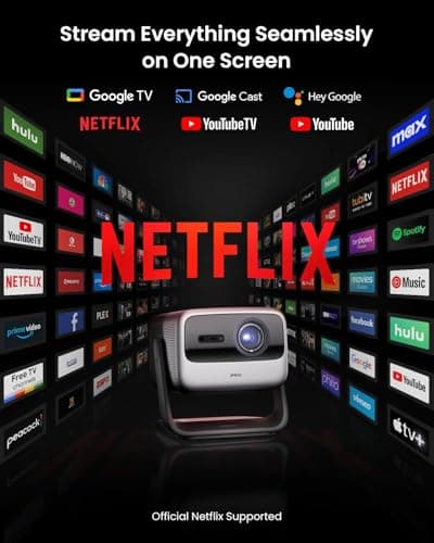 JMGO N1S Ultimate Triple Laser 4K Projector, 3300 ISO Lumens Projector, Google TV Netflix, Real-Time Auto Screen Fit, HDR10, 180", Blu-ray 3D, Home Theater Projector with 20W Dolby Digital+ view 4