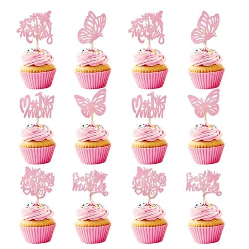 12Pcs Mother's Day Cupcake Toppers,Pink Glitter Cake Toppers Butterfly Cupcake Picks for Coquette Theme Party Decoration Engagement Wedding Baby Shower Party Cupcake Decor
