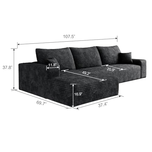 RENDGO 108" Cloud Boneless Sectional Couch for Living Room,Modular L Shaped Couch with Deep Seat Left Facing Chaise,Memory Foam Compressed Spineless 3 Seater Sofa for Apartment,Black view 2