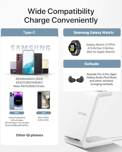Intoval Wireless Charger,Wireless Charging Station for Samsung Galaxy Phone/Watch/Buds,fit for Galaxy S25/S24/S23/S22,Note20/10/Z Fold/FLI,Watch 8/7/6/5/4/Active 2/1, Buds3/2/Pro/Live(S3,White) view 5