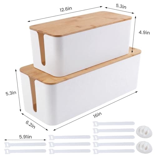 2 Pack Cable Management Box - Cord Organizer Box with Wooden Lid for TV Wires, Power Strips, Router, USB Hub & Under Desk Power: Baby & Pet Proof Cord Management, Cord Hider for Home & Office (White) view 3