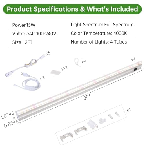 DingChen T5 Grow Lights, 2FT 60W (4×15W, 500W Equivalent), Full Spectrum Grow Lights for Indoor Plants, 4000K, Plug and Play, Easy to Install, for Greenhouse & Plant Shelves (4 Pack) view 7
