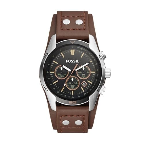 Fossil Men's Watch, Coachman Quartz Stainless Steel and Chronograph Leather Watch for Men, Color: Silver, Brown