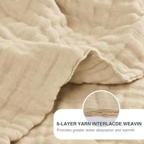 Love's cabin 100% Cotton Muslin Blanket, 6 Layer Lightweight Breathable Gauze Queen Size Blanket 90 x 90 Inches, Soft All Season Blanket for Bed, Khaki view 5