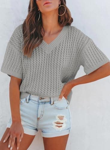 Dokotoo Womens Casual Summer Tops V Neck Short Sleeve Shirts Solid Hollow Out Lightweight Loose Fit Sweater Blouses view 2