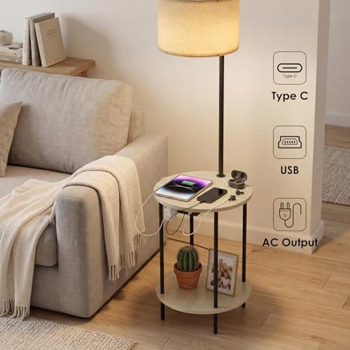 ONEWISH Floor Lamp with Table, End Table with Lamp, Charging Station (USB/Type-C/AC), Round Coffee Table for Living Room & Bedroom (White) view 3