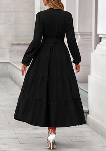 PRETTYGARDEN Maxi Dresses for Women Spring Long Sleeve V Neck Belted A Line Flowy Boho Wedding Guest Dress Pockets view 5