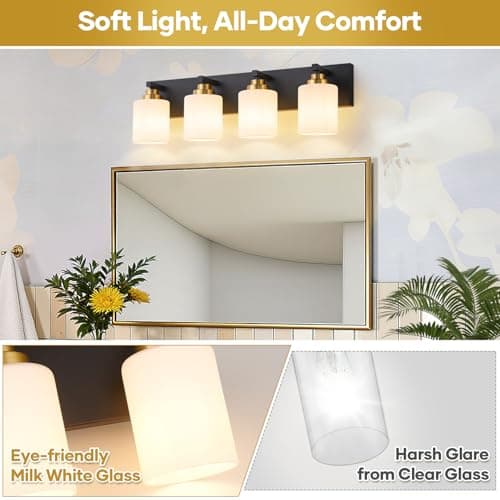 Bathroom Vanity Light Fixture, 4-Light Black and Gold Bathroom Light Fixtures Over Mirror with Milky White Glass Shades, Modern Vanity Lights for Bathroom Living Room Hallway (Bulbs Not Included) view 6