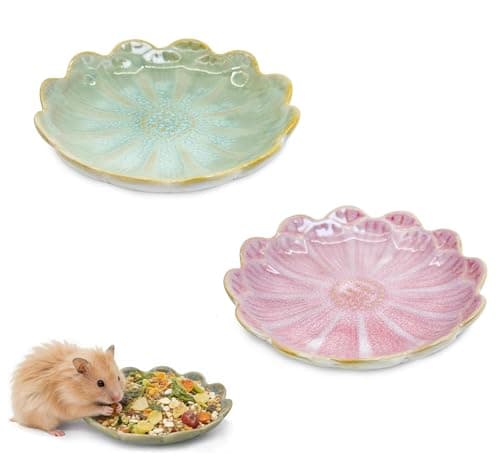 Hamster Food Bowl，2 Pcs Sunflower Hamster Bowls,Hamster Ceramic Food Bowl，Food Dish for Small Animals Hamster Guinea Pig Rat Mice Gerbil Dwarf (Pink+Green) — image 1